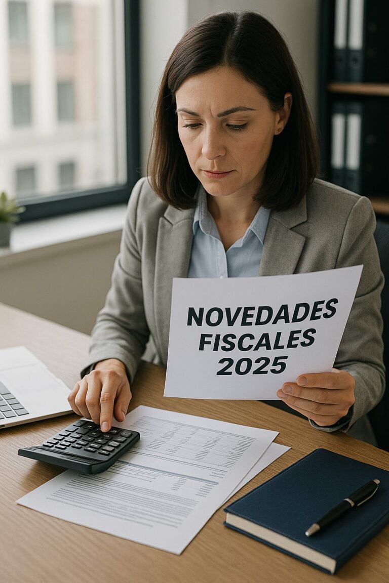 Mujer revisando documento con novedades fiscales 2025 en oficina